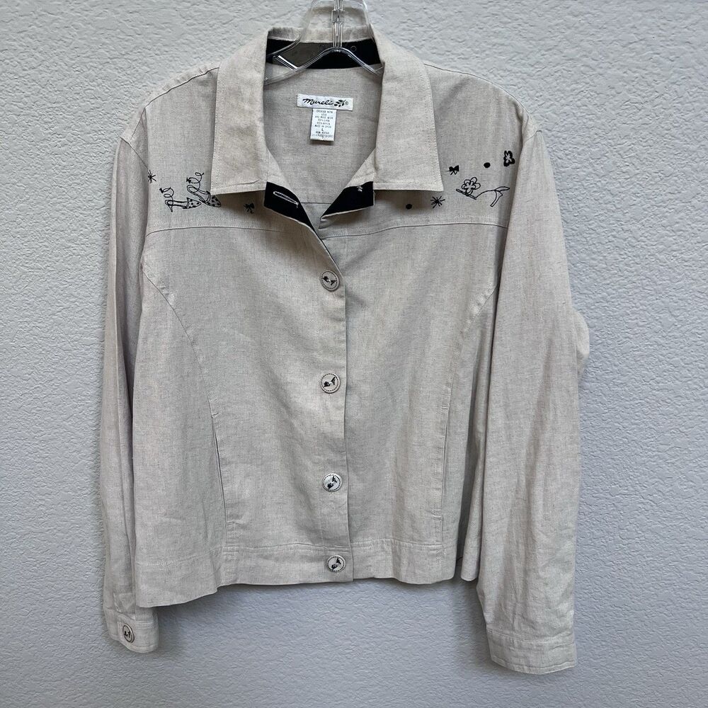 Vintage 90s Mureli Embroidered Linen Blend Shirt Jacket Cream Beige Size Large